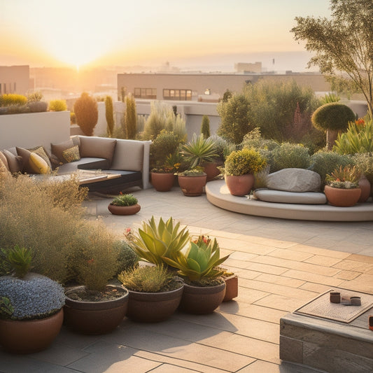 A serene rooftop oasis at sunset, with lush greenery spilling over wooden planters, vibrant flowers blooming amidst a mix of succulents, and a meandering stone path leading to a cozy seating area.