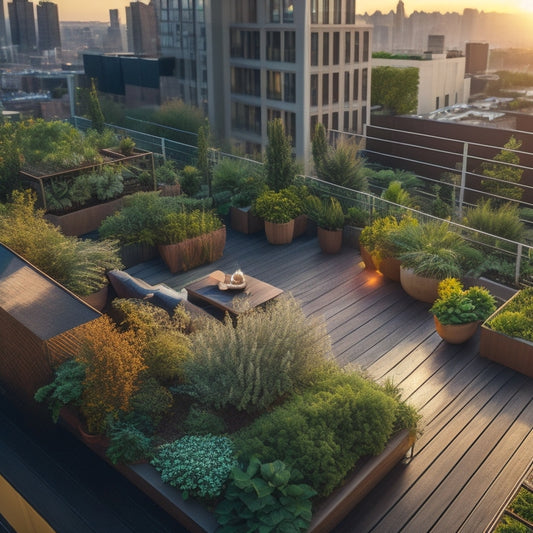 Aerial view of a modern urban rooftop garden with sleek wooden decking, lush greenery, and a small seating area surrounded by potted plants, overlooking a bustling cityscape at sunset.