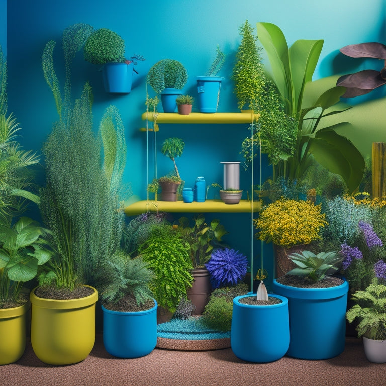 A colorful, overhead illustration of a self-watering planter system, featuring a small water reservoir, tubes, and drippers, surrounded by lush greenery and a few decorative planters and pots.