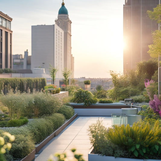A serene rooftop garden with lush greenery, vibrant flowers, and a subtle mist of water, showcasing a modern, sleek irrigation system with minimalist pipes and sprinklers amidst a cityscape backdrop.