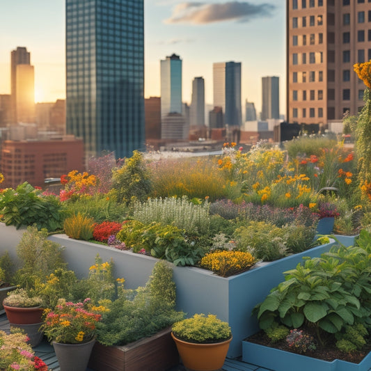An illustration of a lush, thriving rooftop garden with a diverse array of companion plants such as marigolds, nasturtiums, and creeping thyme, suppressing weeds amidst a backdrop of urban skyscrapers.