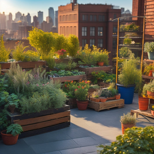A vibrant, lush rooftop garden overflowing with diverse greenery, surrounded by repurposed materials like old pallets, wooden crates, and rusty metal planters, with a subtle cityscape background.