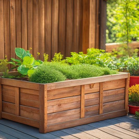 A rustic wooden planter box with six compartments, each containing a different type of lush greenery, set against a weathered wooden fence with climbing vines and a sunny backyard scene.