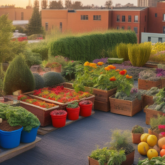 A vibrant and lush rooftop vegetable garden with various thriving plants, surrounded by natural fertilizer elements like compost piles, burlap sacks, and wooden crates overflowing with earthworms.