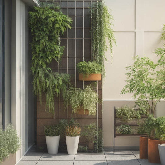 A small, modern balcony with a trellis supporting a lush, flowering vine, surrounded by stacked planters, a compact herb garden, and a space-saving vertical garden on a wall.