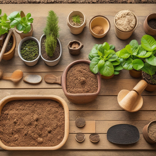 An overhead shot of a wooden table with 5-7 different types of soil in small terracotta pots, surrounded by various block planters, gardening gloves, and a small trowel, against a natural stone background.