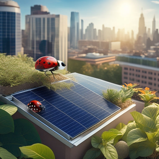 An illustration of a rooftop garden with lush greenery, featuring a ladybug perched on a leaf, a bird nesting in a solar panel, and a few strategically placed copper tape strips, surrounded by a subtle cityscape.