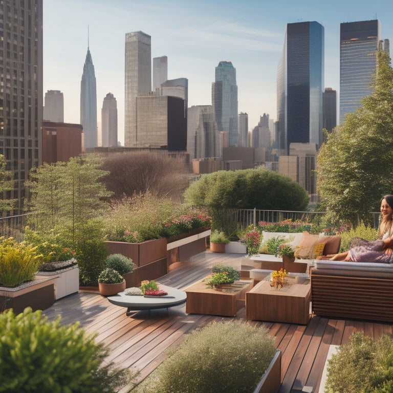 A serene rooftop garden with lush greenery, vibrant flowers, and sleek wooden decking, surrounded by modern skyscrapers, with a few people lounging on outdoor furniture, enjoying the city view.