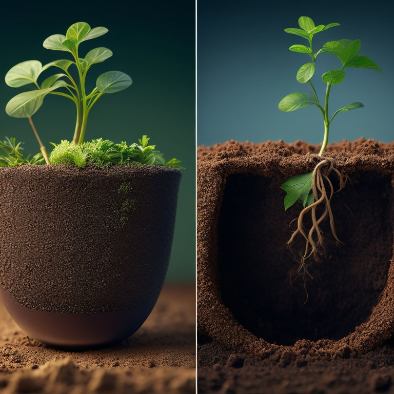 An illustration of a split planter, one side with healthy, green roots and a bubbly, aerated soil mixture, the other side with wilted roots and compacted, oxygen-deprived soil.