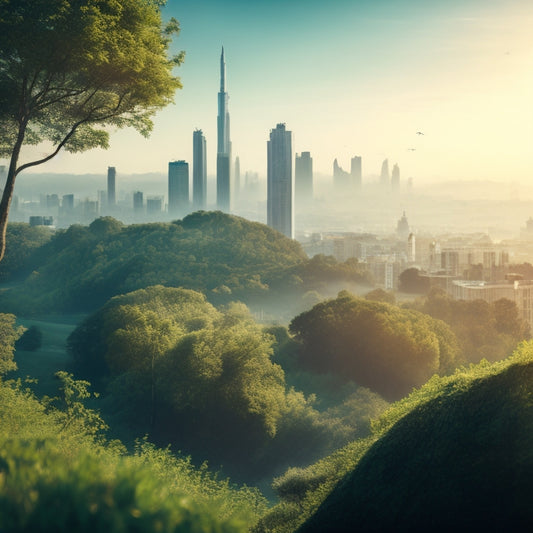 A serene cityscape with lush green roofs, vibrant with diverse flora, amidst a haze of pollution, contrasted with a clear blue sky and a few birds flying in the distance, symbolizing improved air quality.