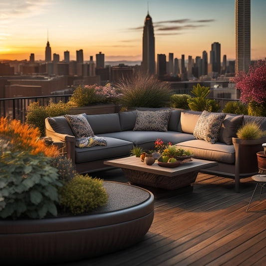 A serene rooftop garden scene with a curved loveseat in weathered wood, accompanied by a petite coffee table, lush greenery, and a few vibrant flower pots, set against a cityscape backdrop at sunset.