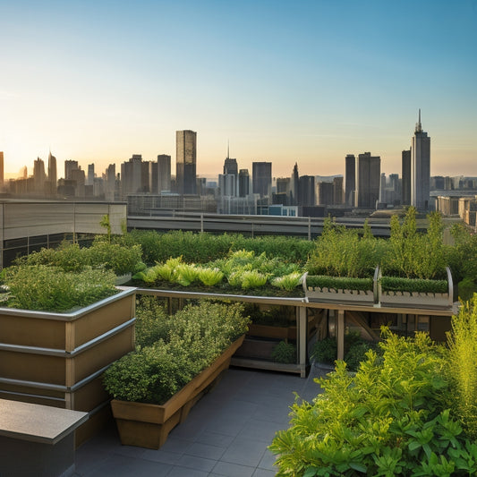 A rooftop garden with a lush green backdrop, featuring a varied display of vertically-stacked planters, trellises, and hydroponic systems, with a cityscape visible in the distant background.