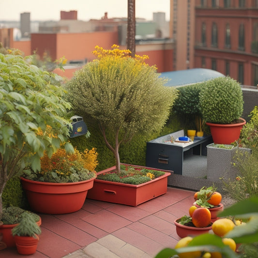 A serene rooftop garden with lush greenery and vibrant fruit trees, surrounded by subtle hints of pest control methods: delicate birdhouses, tiny ladybug figurines, and intricately designed copper tape borders.