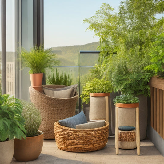 A compact, sunny balcony with three concrete planters of varying sizes, overflowing with lush greenery, surrounded by a woven wicker chair and a small, rustic wooden side table.