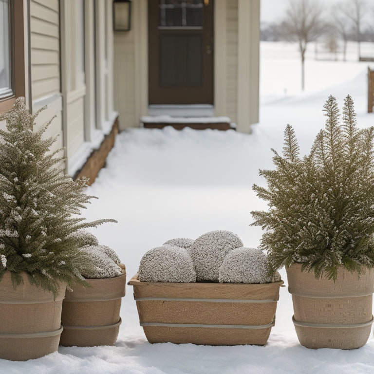 A serene winter scene featuring a row of planters on a snow-covered porch, with one planter wrapped in burlap, another topped with a layer of straw, and a third covered with a clear plastic sheet.