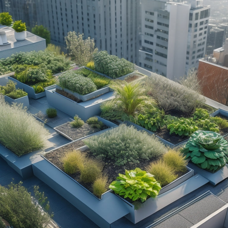 An aerial view of a lush rooftop garden with various sizes of modern, sleek waterproof planters in shades of gray and white, surrounded by vibrant greenery and overlooking a cityscape.