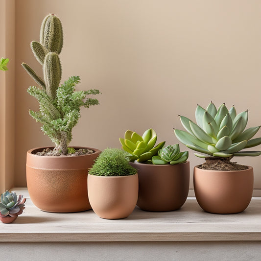 A whimsical, minimalist scene featuring a trio of varied, affordable planters (terracotta, wooden, and ceramic) filled with lush, thriving succulents, set against a warm, neutral-colored background.