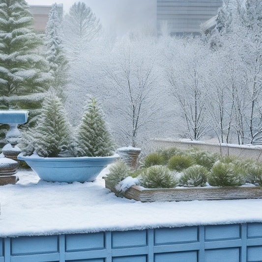 A serene winter rooftop garden scene: snow-dusted evergreen shrubs, dormant flower beds, and a frozen fountain, with a pair of gardening gloves and a pruning shear laid on a wooden bench.