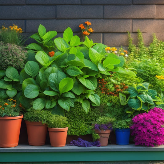 A living wall planter overflowing with lush greenery and vibrant flowers, with various fertilizer products and gardening tools scattered around its base, against a warm and sunny outdoor backdrop.