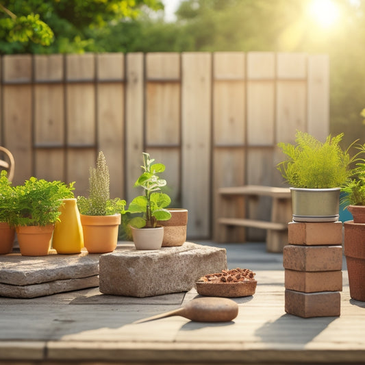 A rustic wooden table with a few concrete blocks, a small potted plant, a trowel, and a level, set against a blurred backyard landscape with a warm, sunny atmosphere.