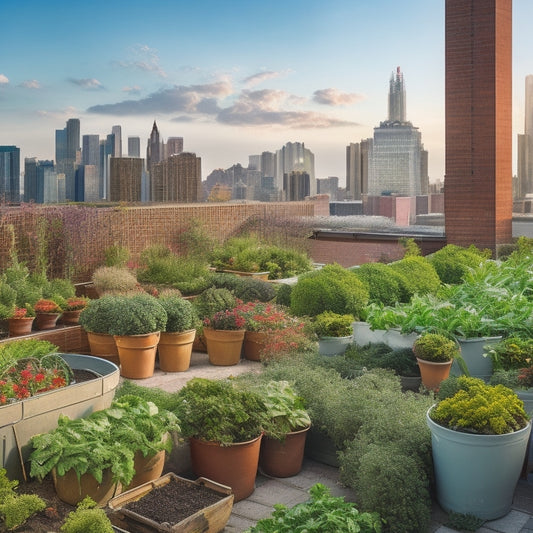 A lush rooftop garden with vibrant green vegetables and colorful flowers, surrounded by a drip irrigation system and rain barrels, set against a backdrop of a cityscape with skyscrapers.