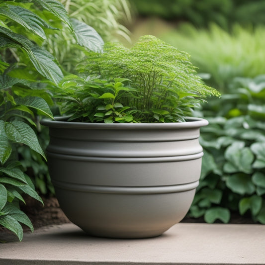 A close-up of a large, ceramic outdoor planter, with visible weight lines and a sturdy base, surrounded by lush greenery, with a slight shadow hinting at its heavy presence.