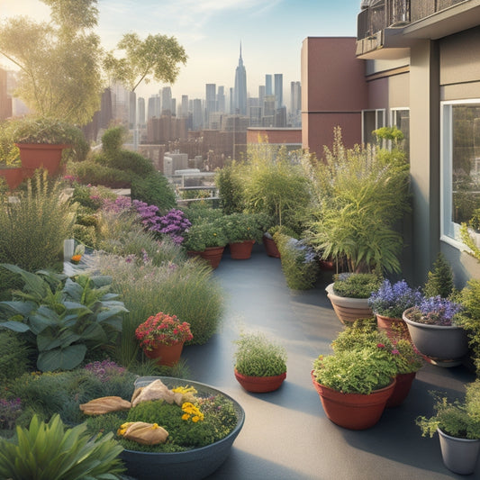 An illustration of a thriving rooftop garden with lush greenery, vibrant flowers, and a variety of plants, surrounded by a cityscape with reduced pollution and clean air.