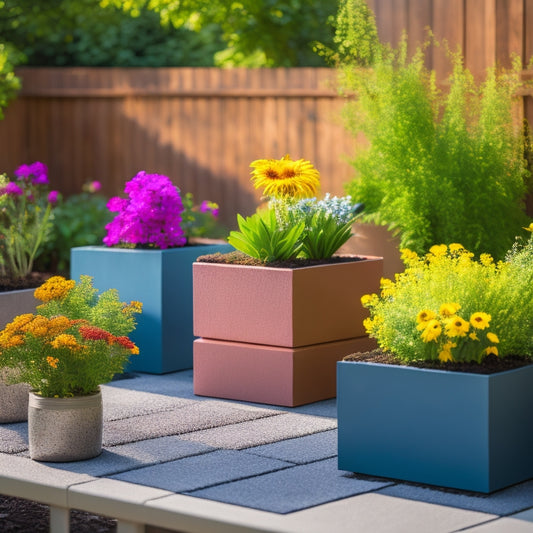 A modern backyard scene featuring three DIY planters made from concrete blocks, each with a different size and shape, filled with lush greenery and colorful flowers, surrounded by a minimalist wooden patio.