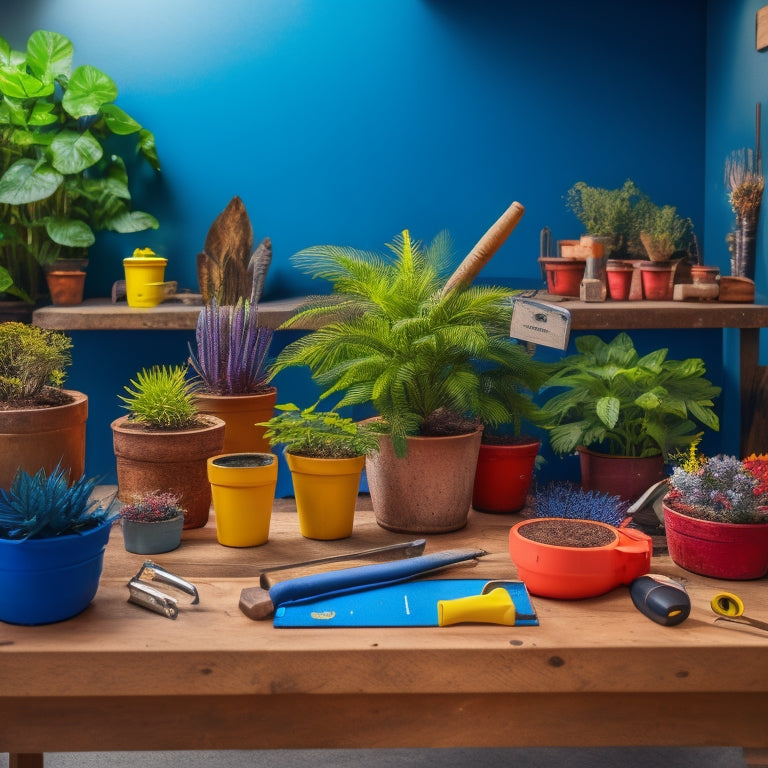 A colorful, clutter-free workshop table with a partially built wooden planter, surrounded by various tools like a hammer, tape measure, level, and drill, amidst blocks and potted plants.