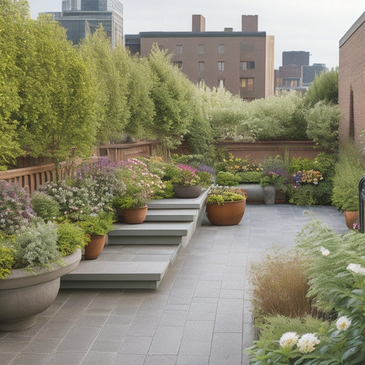 A serene rooftop garden with a gentle slope, wide pathways, and sturdy handrails, featuring comfortable seating, raised planters, and a mix of low-maintenance flowers and lush greenery.