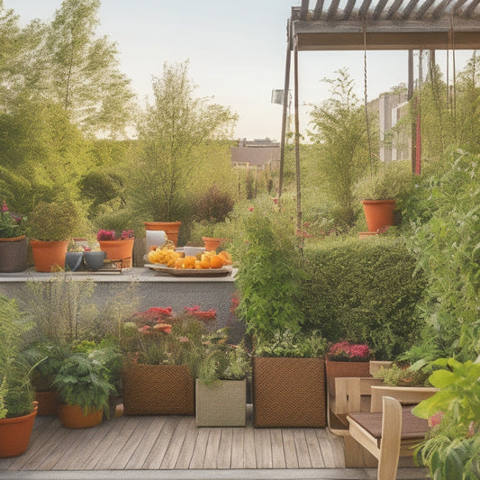 A lush, thriving rooftop garden with a mix of vibrant vegetables, herbs, and flowers, featuring a trellis with climbing peas, a wooden planter with leafy greens, and a sunny seating area with a watering can.