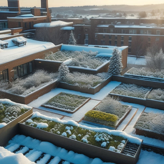 An aerial view of a rooftop garden in a cold climate, featuring raised beds with frost-tolerant plants, a trellis with snow-covered vines, and a snowmelt system surrounding a central seating area.