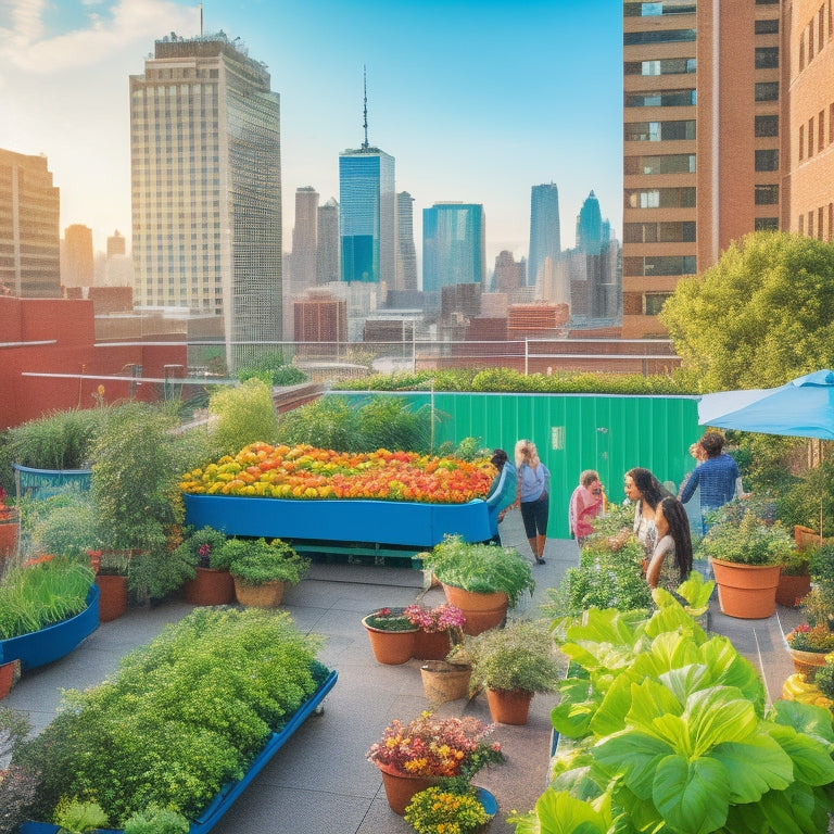 A vibrant rooftop garden scene with lush greenery, colorful flowers, and various vegetables and fruits, surrounded by urban skyscrapers, with people of diverse ages and backgrounds tending to the plants.