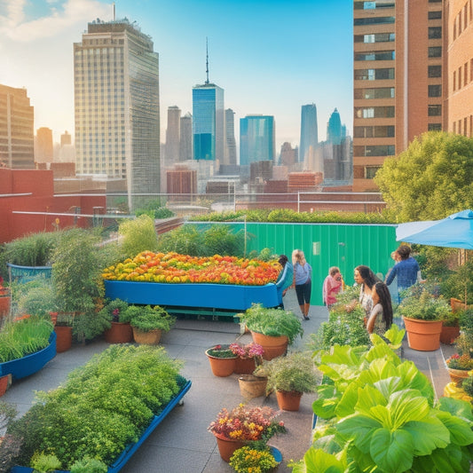 A vibrant rooftop garden scene with lush greenery, colorful flowers, and various vegetables and fruits, surrounded by urban skyscrapers, with people of diverse ages and backgrounds tending to the plants.