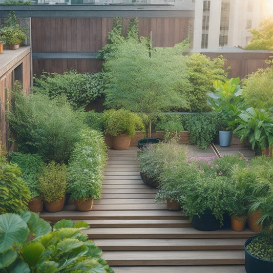 A rooftop garden with a lush, overflowing greenery, showcasing a sturdy metal grid, thick wooden planks, and hidden irrigation pipes, all combining to support the weight of mature trees and vibrant flowers.