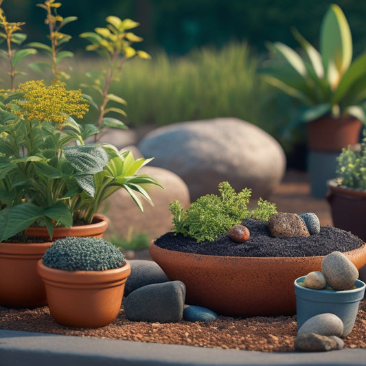 An illustration of a planter with healthy, thriving plants, showcasing a mix of organic mulch and small rocks surrounding the base, with a few scattered fork tines and a watering can in the background.