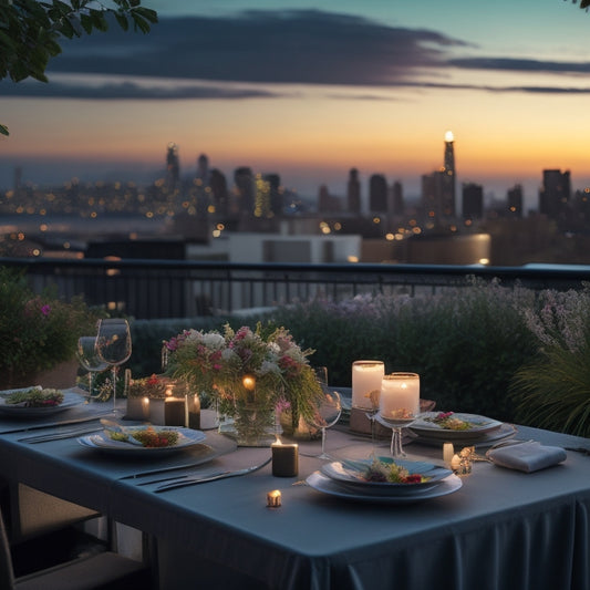 A twilight rooftop setting with a intimate table for two, adorned with candles, flowers, and fine china, surrounded by lush greenery and city skyline views in the background.