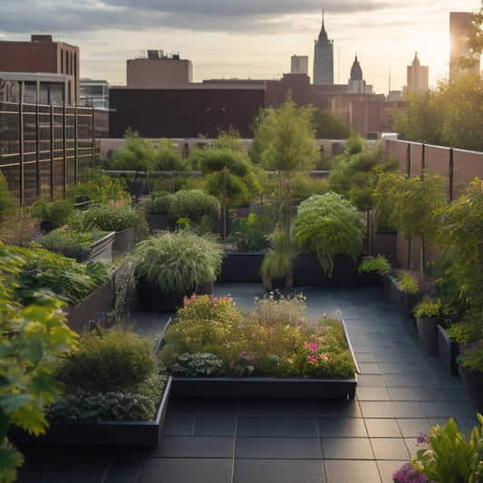 A serene rooftop garden with lush greenery, vibrant flowers, and a subtle irrigation system in the background, featuring a network of thin, black tubes and small, circular emitters.