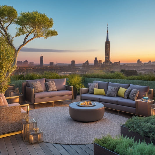 A serene rooftop oasis with lush greenery, vibrant flowers, and a statement tree, surrounded by sleek modern furniture, a fire pit, and a cityscape view at sunset.