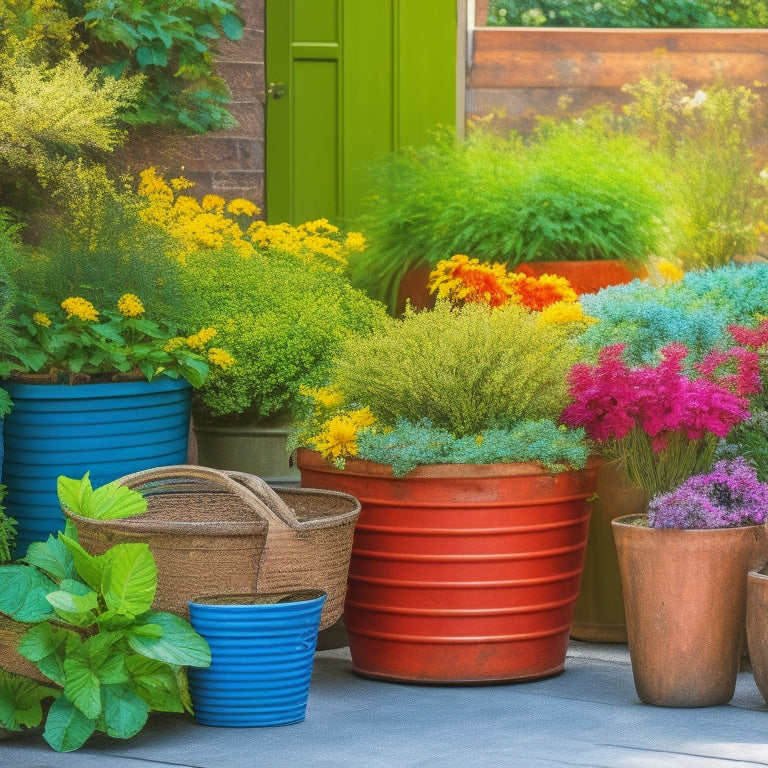 A vibrant, sun-drenched patio scene with a mix of repurposed containers, including a distressed wooden crate, a galvanized metal tub, and a terracotta pot, overflowing with lush greenery and colorful blooms.