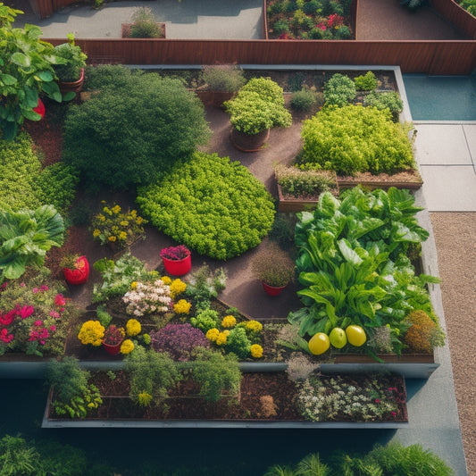 An aerial view of a rooftop garden with a mix of vibrant, thriving crops in raised beds, with diagonally alternating sections featuring leafy greens, colorful flowers, and lush vegetables.