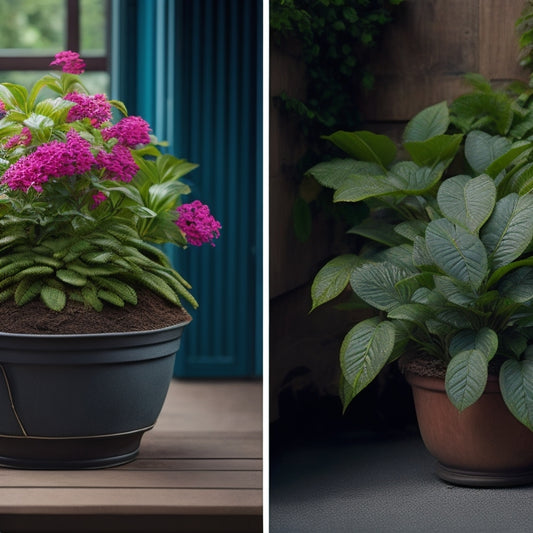 A split-screen image featuring a thriving, lush green plant with vibrant flowers in a block planter with well-draining soil on one side, and a wilted, struggling plant in a planter with waterlogged soil on the other.