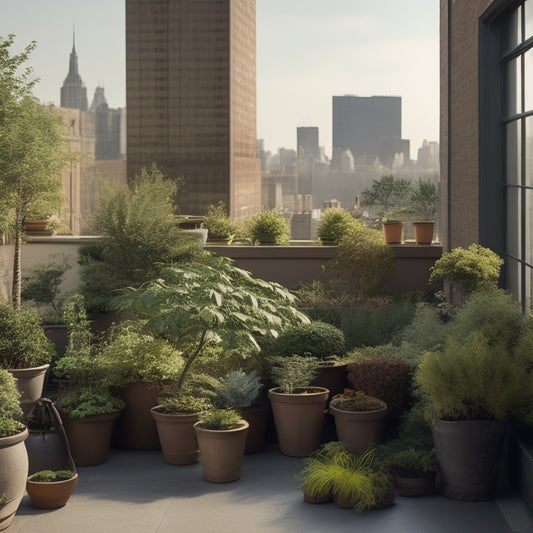 A rooftop garden with potted plants and trees swaying in a strong gust of wind, with some pots toppling over, while others are secured with ropes and weights, amidst a cityscape background.