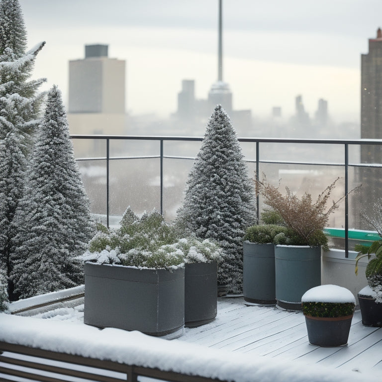 A serene winter rooftop garden scene with snow-covered planters, evergreen shrubs, and a frosty glass railing, surrounded by a cityscape with snowflakes gently falling in the background.