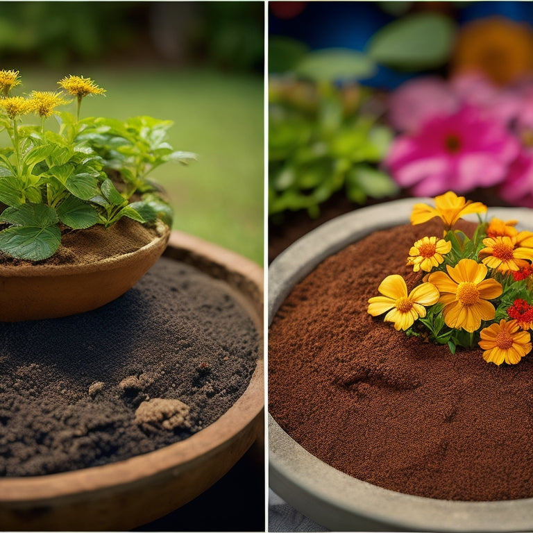 A split-screen image featuring a thriving flower-filled planter on the left, with a cross-section of its soil composition on the right, showcasing a mix of dark brown peat moss, perlite, and vermiculite.