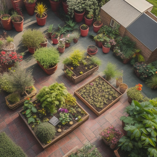 An aerial view of a rooftop garden with a mix of lush green plants, vibrant flowers, and a layer of rich, dark compost spread evenly across the soil, with gardening tools scattered around.