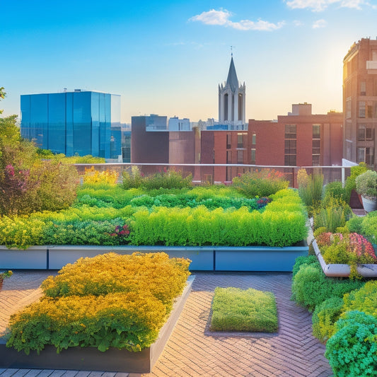 A serene rooftop garden with lush greenery, vibrant flowers, and a sprinkler system with pipes and sprinkler heads strategically placed to provide optimal water coverage, set against a clear blue sky.
