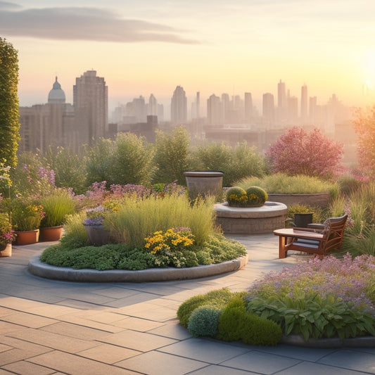 A serene rooftop garden scene with lush greenery, vibrant flowers, and a small pond surrounded by natural stone pavers, overlooking a bustling cityscape with a hazy sunset backdrop.
