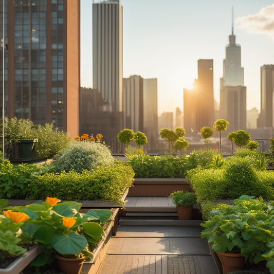 A rooftop hydroponic garden with lush greenery and vibrant flowers, secured with sturdy trellises and wind-resistant planters, amidst a bustling cityscape with towering skyscrapers in the background.