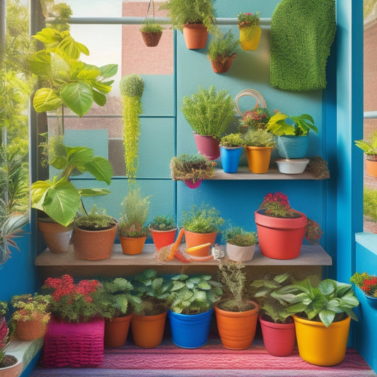 A colorful, overhead illustration of a thriving planter garden on a small balcony, showcasing a creative DIY irrigation system made from repurposed plastic bottles and twine, surrounded by lush greenery.